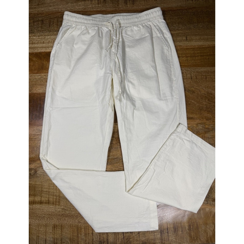 Womens Linen Blend Pull On Pants Ivory Wide Leg Elastic Waist Pockets M